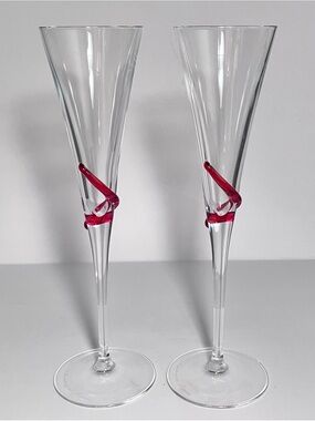 Rare G.H. MUMM CHAMPAGNE Toasting Flutes / CORDON BRUT 1980s / Red Glass Ribbon
